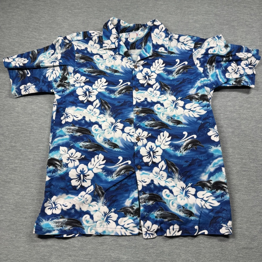 Hawaii Hawaiian Shirt Mens XL Blue Dolphins Hibiscus Floral Cotton Made in USA
